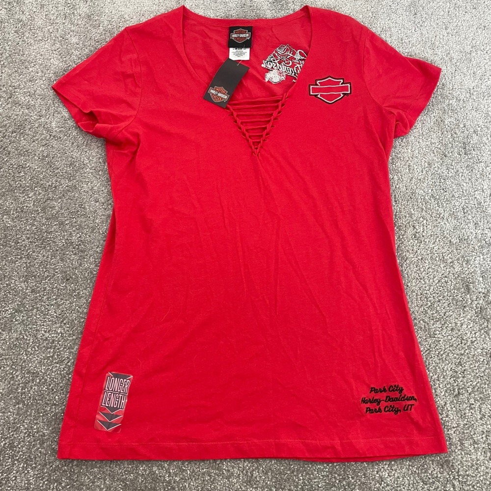 NEW Harley-Davidson Tee Womens Large Red Lace Up V-Neck Rose NWT Y2K Americana